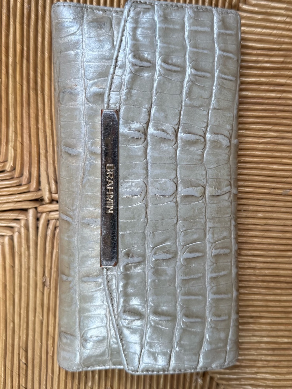 Brahmin Metallic Silver Croc-Embossed Leather Wallet